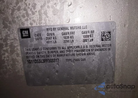 2015 Chevrolet Malibu 2Lt из США, поврежденный, VIN 1G11D5SL3FF303317